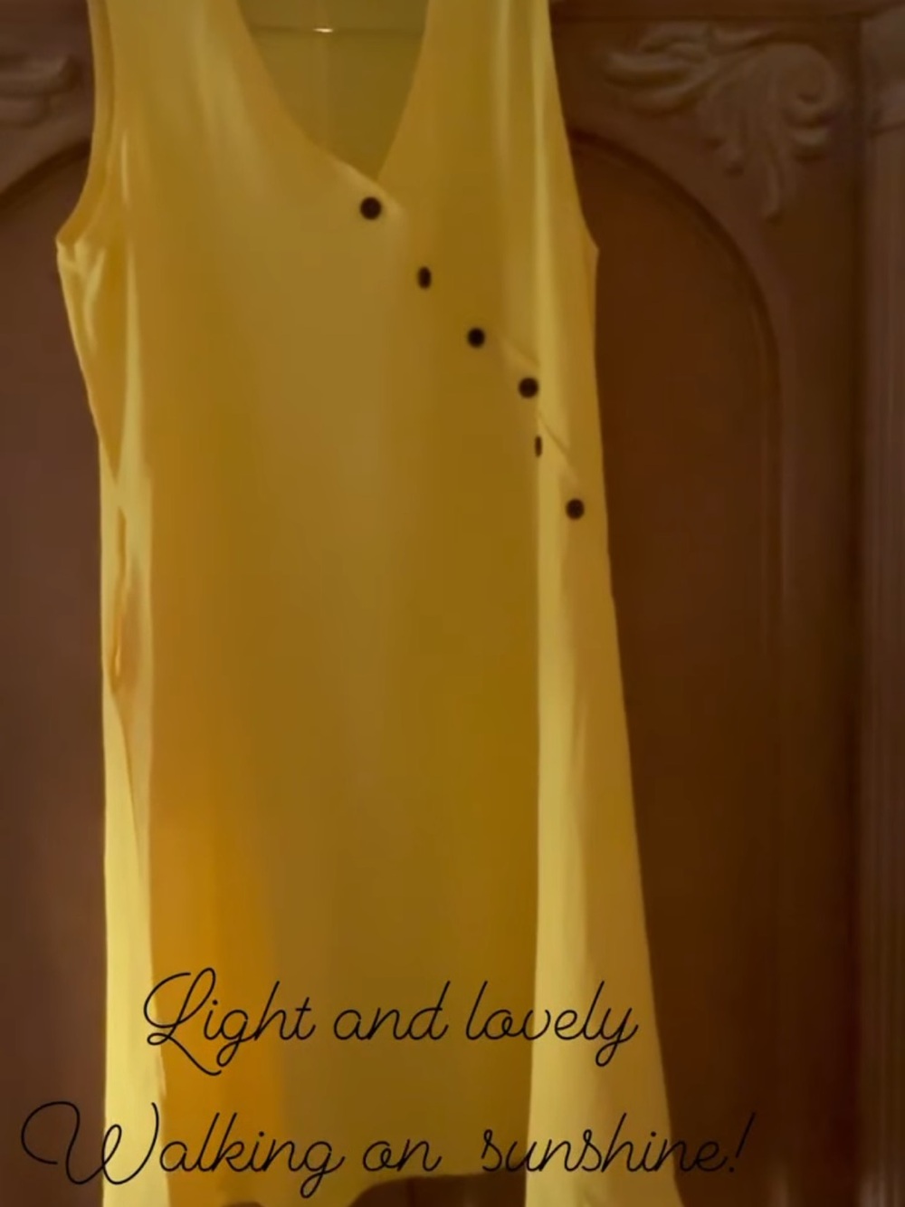 Sleeveless V-Neck Midi Dress in Bright Yellow with Diagonal Button Accents